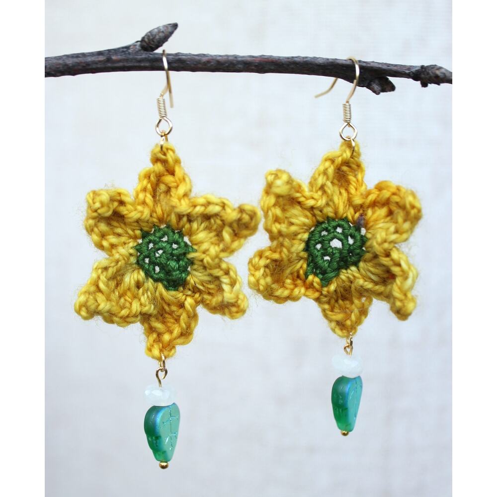 Crochet Sunflower Earrings- Moonstone Beads- Yellow Boho Cottagecore